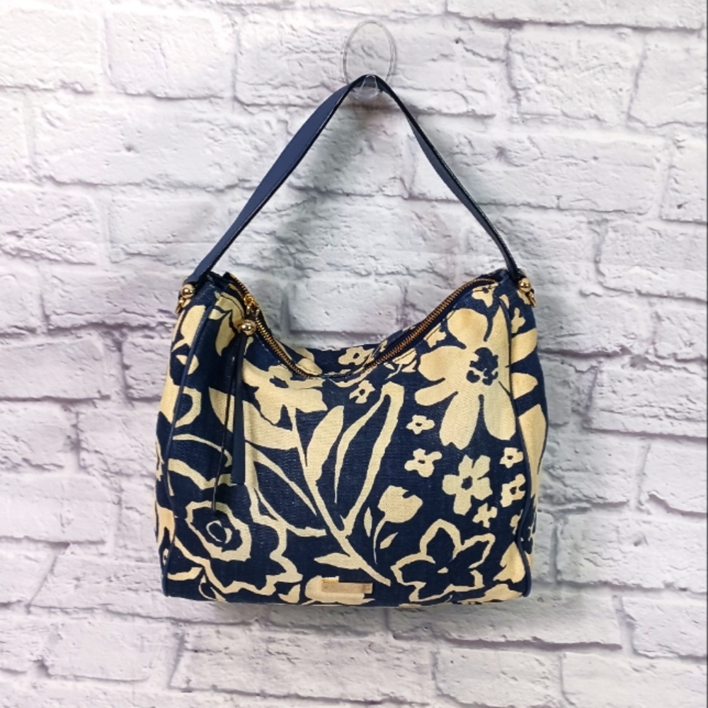 Kate Spade blue and white print canvas hobo bag